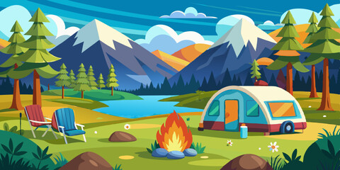 Cartoon camping. Summer nature scene with trailer tent and bonfire. Scenic forest panorama. Lake and mountain peaks scenery. 