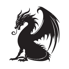 Fantasy Dragon Silhouette - Mythical Creature Outline, Vector drawing of a black dragon silhouette that sits