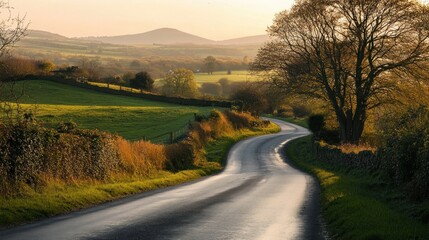 Obraz premium A winding road through lush green countryside under a soft sunset glow.