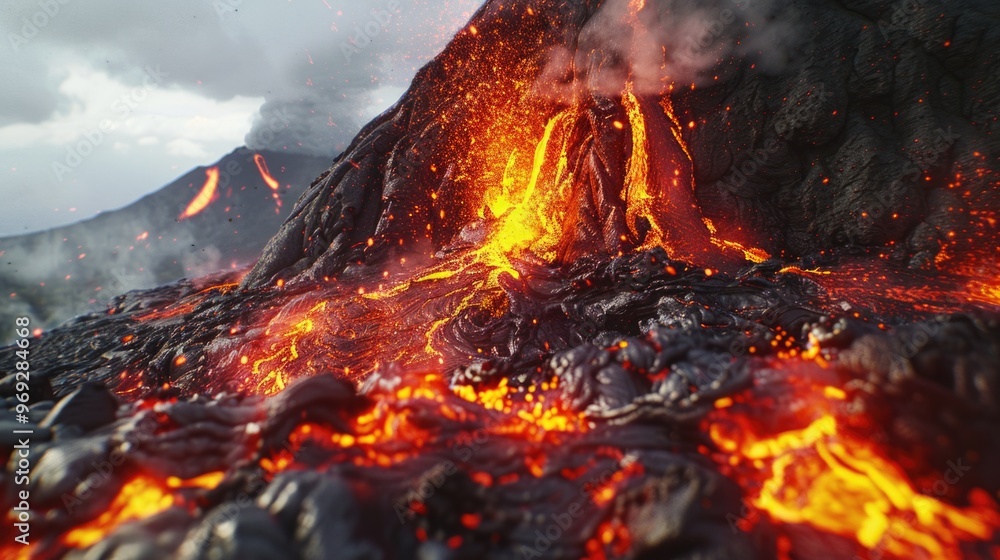 Poster a volcano erupting with hot lava flowing out, suitable for use in scenes related to natural disaster