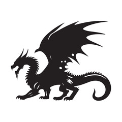 Fototapeta premium Fantasy Dragon Silhouette - Mythical Creature Outline, Vector drawing of a black dragon silhouette that sits