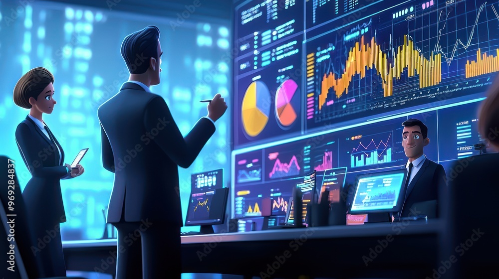 Poster dynamic ceo leading team meeting with 3d financial graphs in digital office - cartoon characters wit