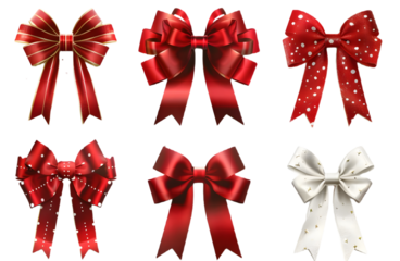 Set of red ribbon bow cut out transparent isolated on white background PNG image