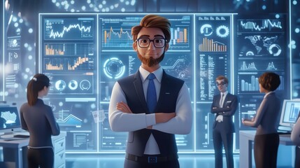 Digital CEO Leading Team Discussion with 3D Financial Graphs in High-Luminosity Office - 32K Resolution, Generative AI