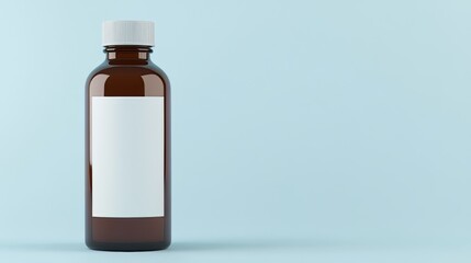 Obraz premium A brown glass pill bottle with a white label and white capsules against a lighter blue background, representing medication design.