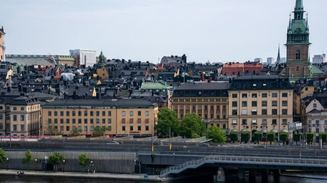 Timelapse of Stockholm city view, showing transports, Centralbron Bridge and classic buildings