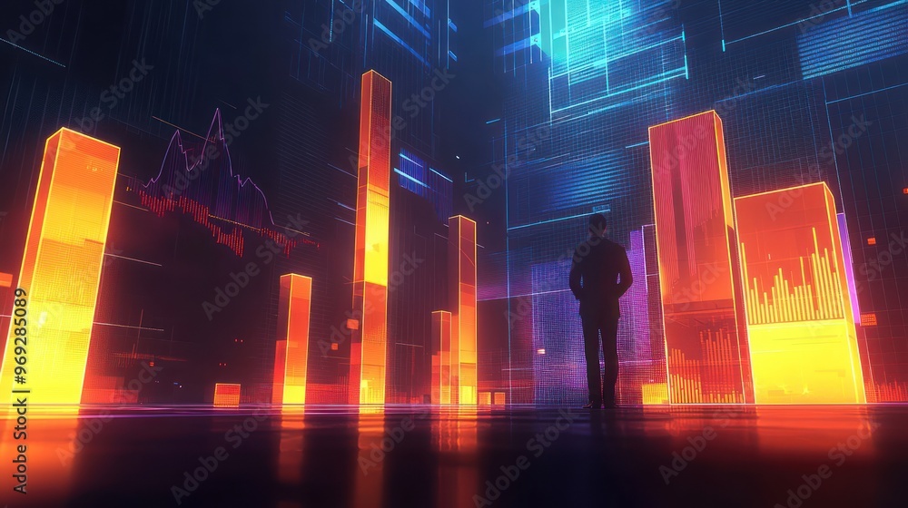 Poster dynamic business leader analyzing glowing 3d bar chart with financial stats in cartoon style - high 