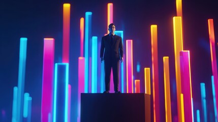 Obraz premium Leading with Success: Cartoon Business Leader on Glowing 3D Podium with High Luminosity Charts in 32K Resolution, Generative AI