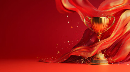 red background with smooth lines and soft curves, a golden trophy on the right, award celebration, ribbon decoration