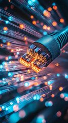 Close-up of glowing fiber optic cables with network connectors