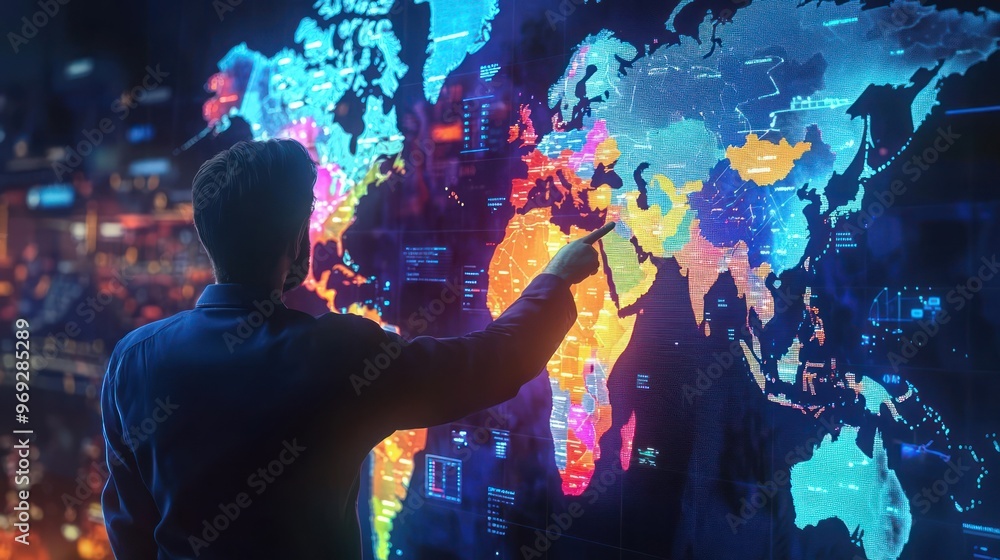 Poster dynamic ceo presenting global business strategy on high-resolution 3d map with bright illumination, 