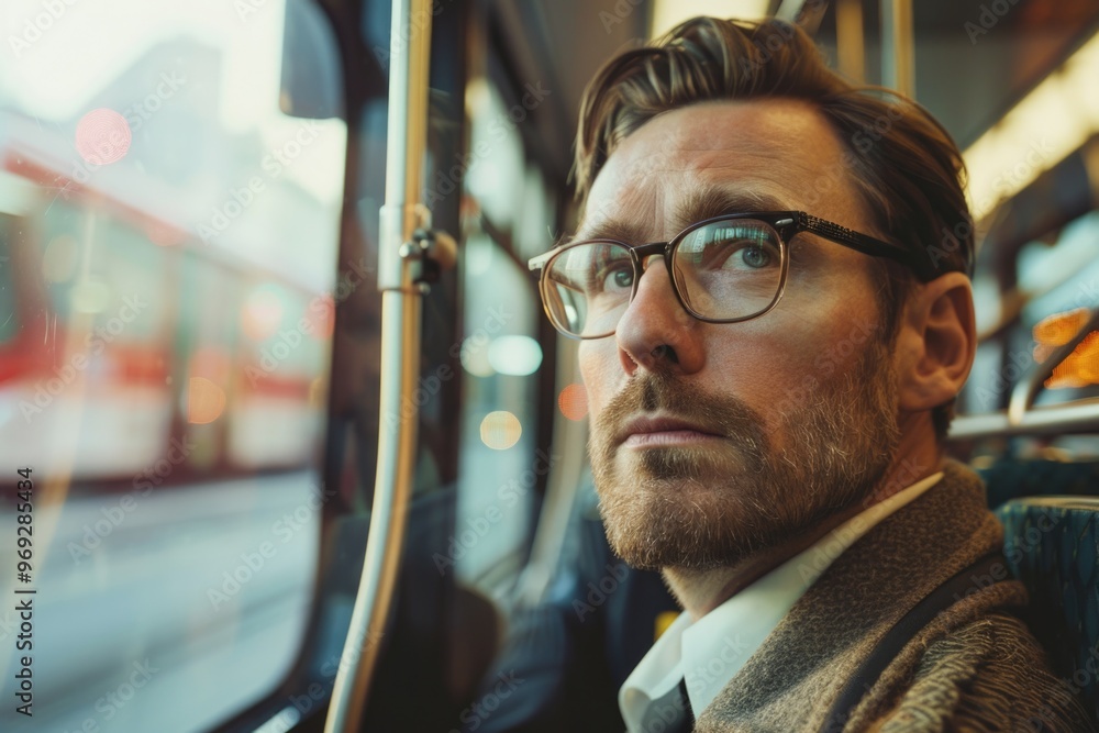 Poster A person looking out the window of a moving bus