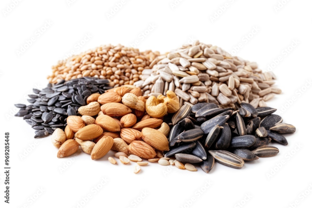 Poster a collection of nuts and seeds on a clean white surface