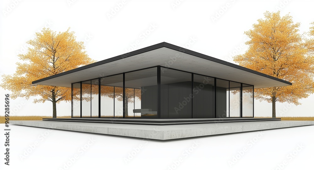 Poster this 3d rendering shows an exterior of a modern house with a green relaxing garden in a minimal styl