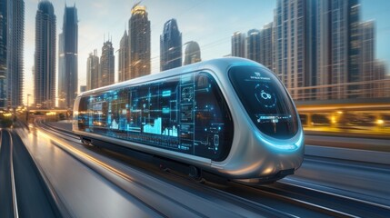 Naklejka premium Futuristic monorail, holographic timetable, digital connectivity, advanced infrastructure