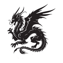 Fantasy Dragon Silhouette - Mythical Creature Outline, Vector drawing of a black dragon silhouette that sits