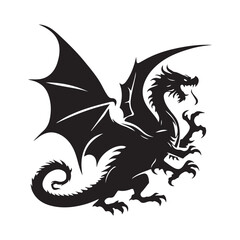 Fantasy Dragon Silhouette - Mythical Creature Outline, Vector drawing of a black dragon silhouette that sits