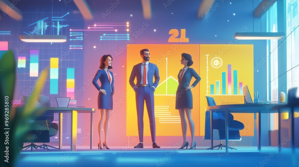 Poster dynamic business team in high-tech office with success charts - 3d animation in stunning 32k resolut