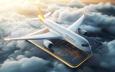 Modern travel elements on 3D airplane, booking tickets online via mobile app, highdetail textures, realistic rendering, travel concept