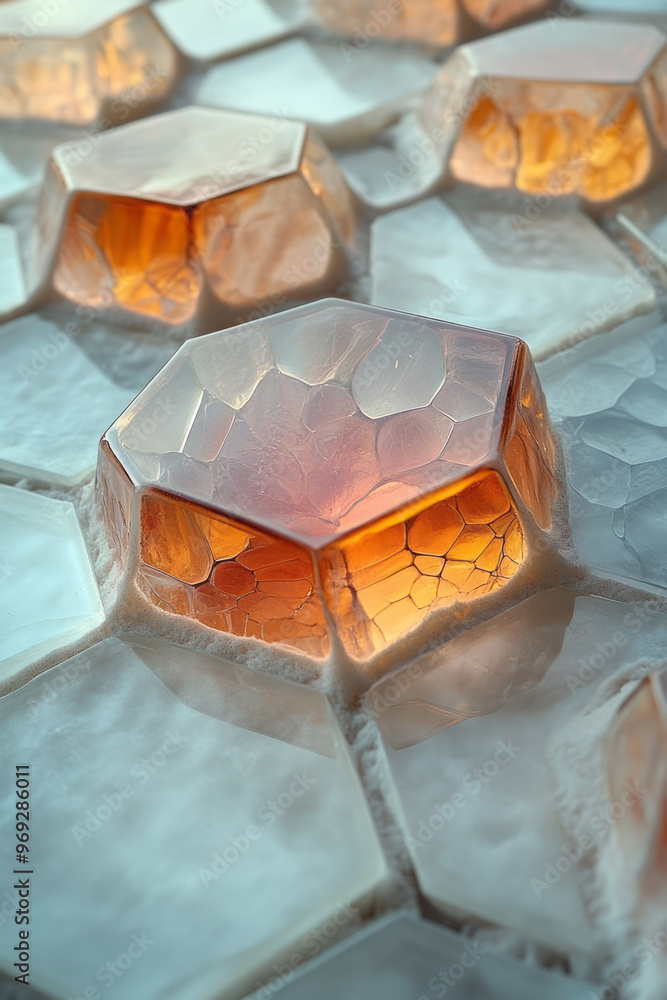 Poster a minimalist geometric pattern combining sharp-edged hexagons and soft, flowing curves,