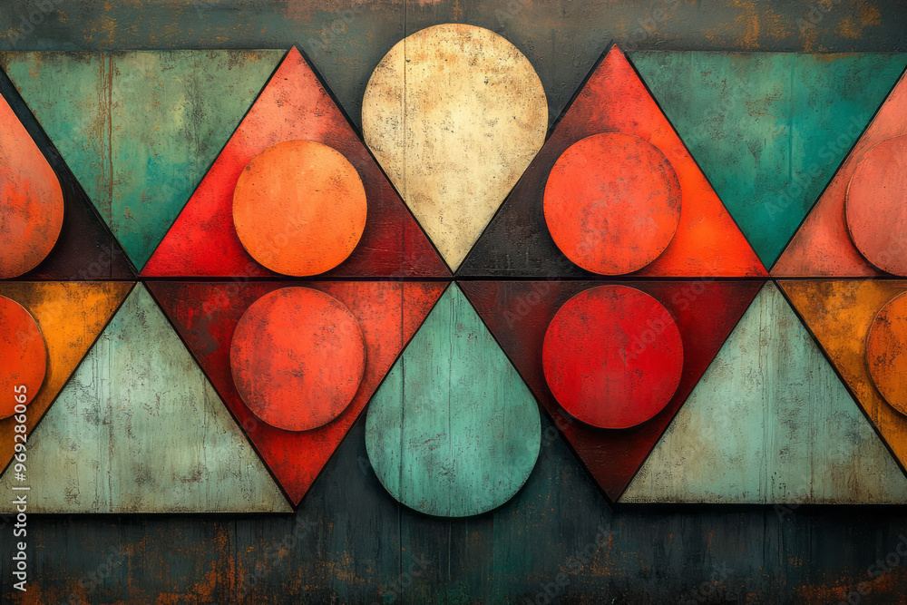 Poster a bold abstract composition of large triangles and small circles,