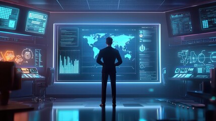 Futuristic CEO Strategy in 3D Office with Glowing Graphs - Cartoon Style Business Concept Illustration, Generative AI