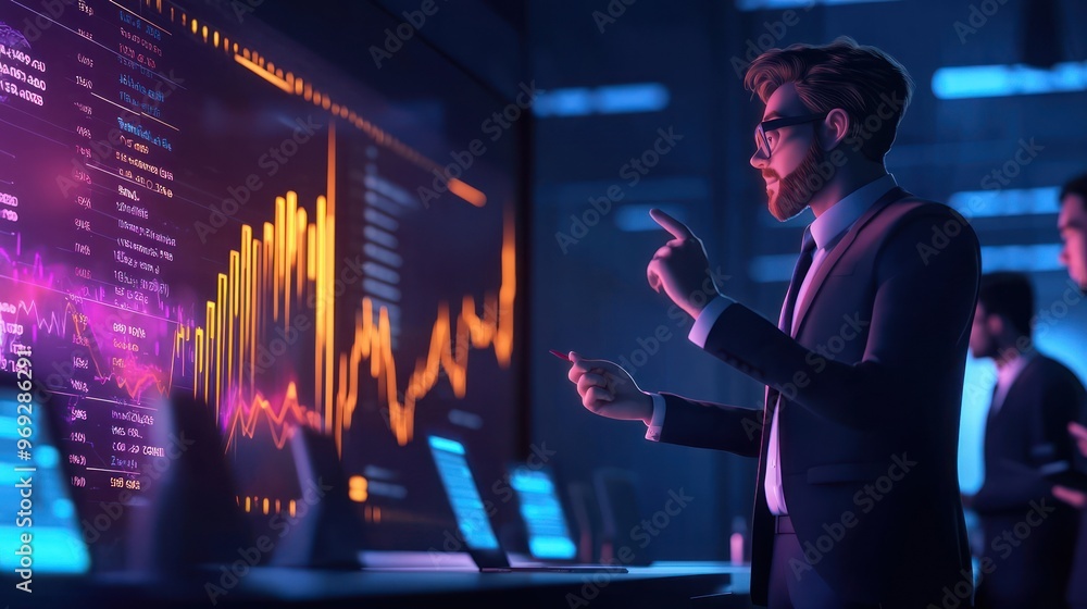 Poster dynamic cartoon ceo analyzing vibrant 3d performance chart with team in high luminosity setting - 32