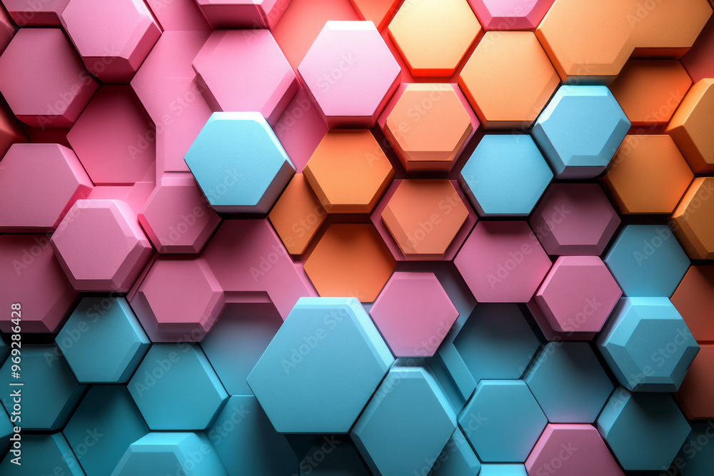 Poster an abstract geometric composition with a blend of sharp hexagons and smooth circular shapes,