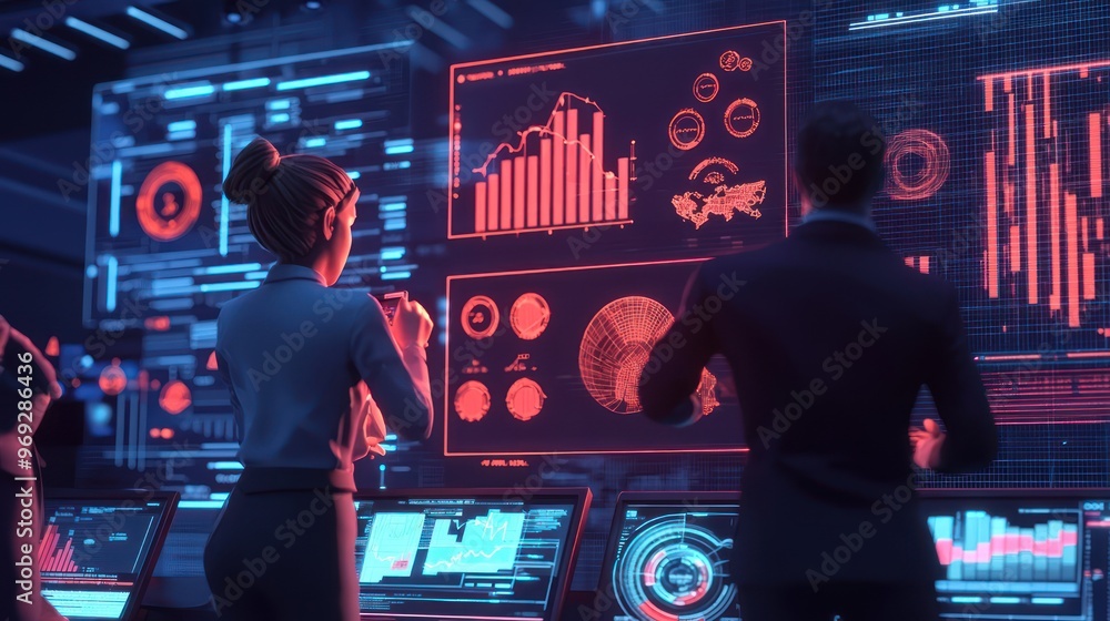 Aufkleber dynamic cartoon business team analyzing targets on glowing 3d dashboard with high luminosity in 32k 