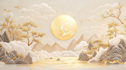 a traditional Chinese drawing , the Moon of Mid Autumn Festival, gold lines on a white background, mountains surrounded by white clouds