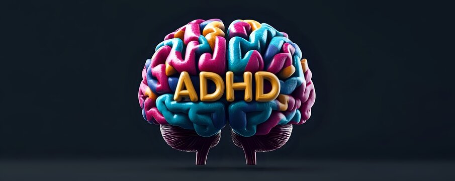 A colorful 3D model of the human brain with the word "ADHD" written across it in yellow letters.