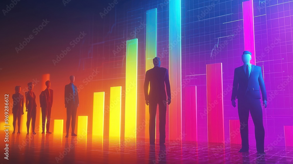 Poster illuminated business leaders monitoring 3d progress chart - cartoon characters edition, generative a