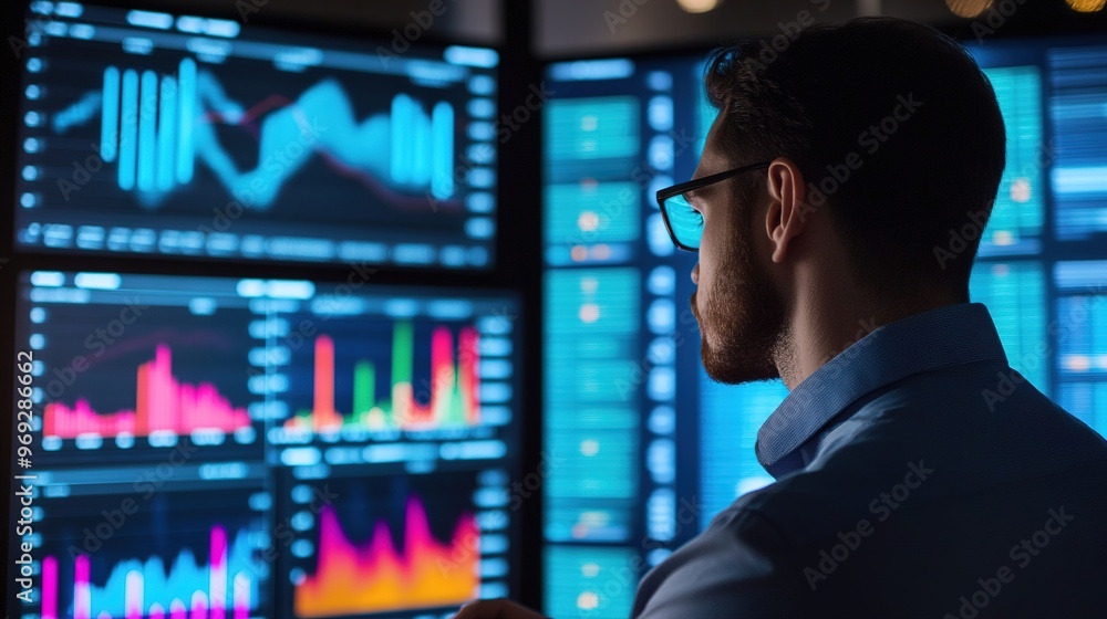 Poster a business analyst reviewing big data visualizations on multiple screens