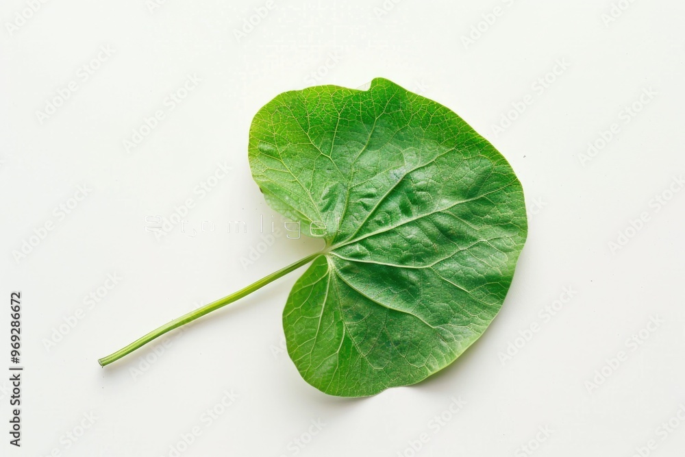 Poster a single green leaf sits on a white surface, offering a pop of color and texture
