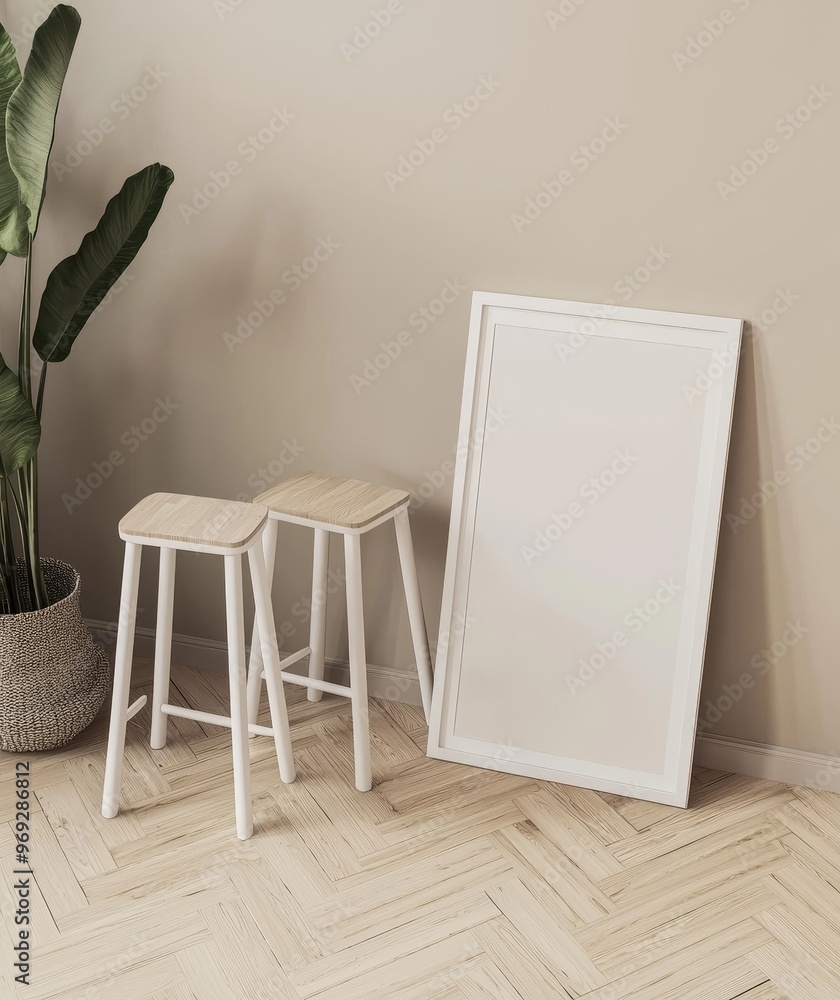 Poster Mockup of wooden frame on a chair near a vase in an interior, 3D rendered