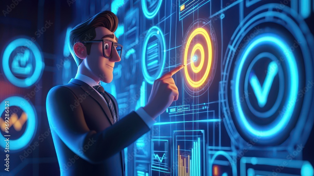 Aufkleber illuminated business leader fine-tuning target on high-tech dashboard in cartoon style - 3d illustra