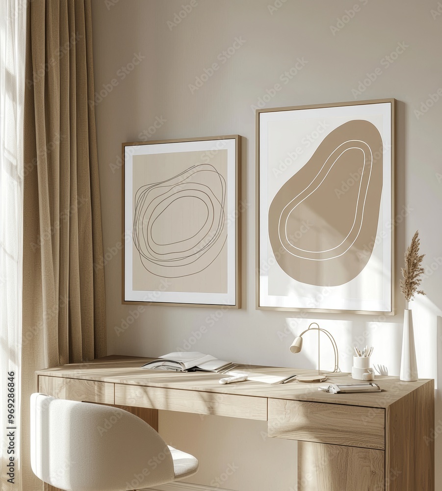 Aufkleber living room interior mockup with three-dimensional render in a scandinavian-boho style