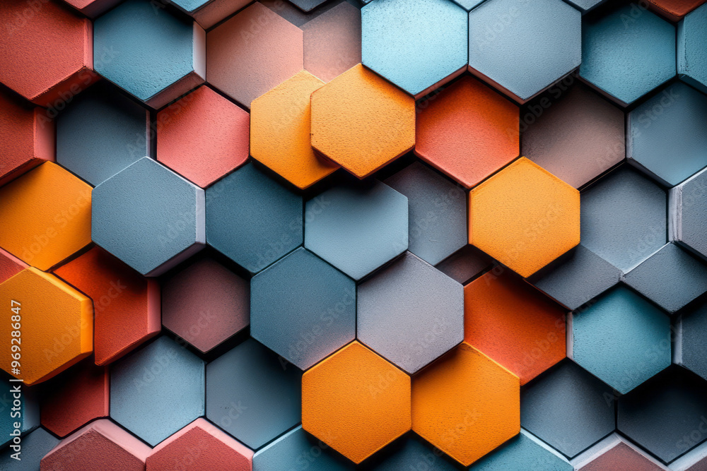 Poster an abstract geometric design with hexagonal and circular elements,