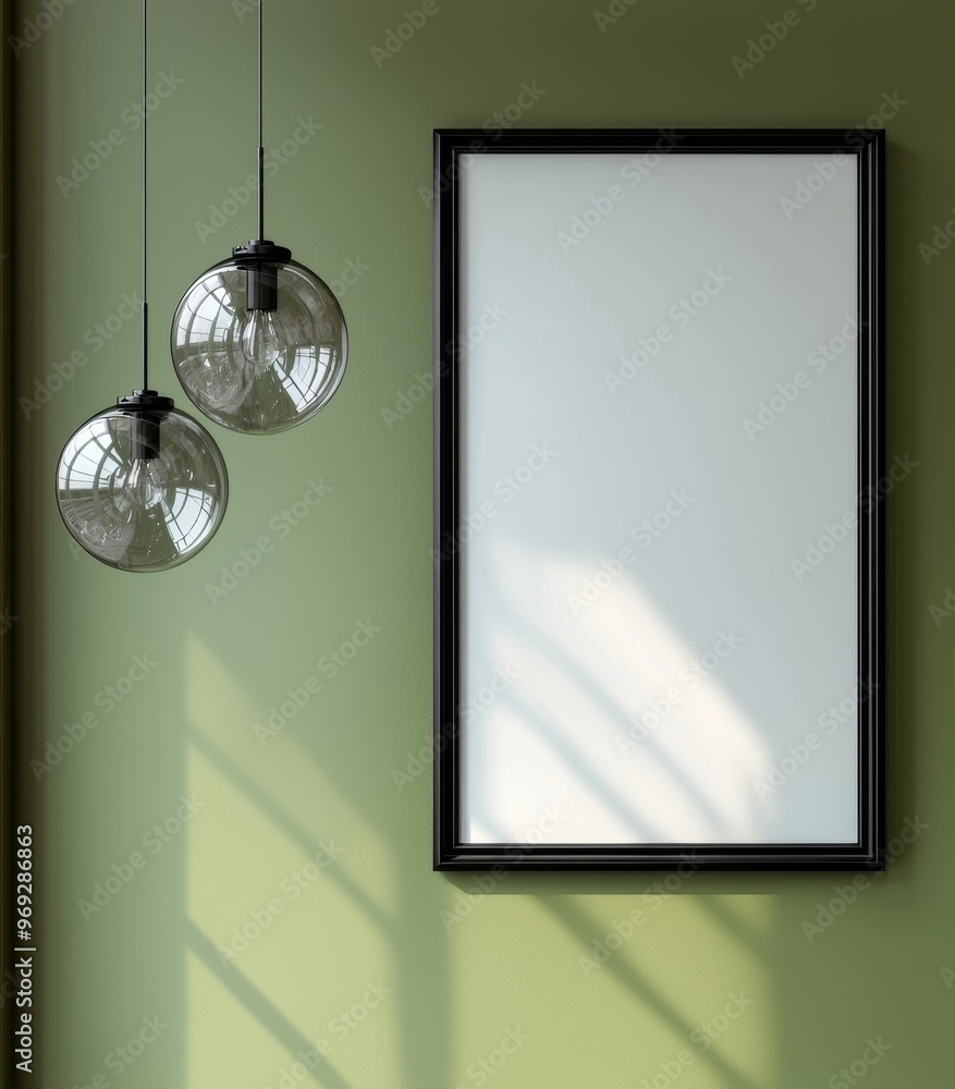 Poster three-dimensional rendering of a mockup poster frame on a green wall