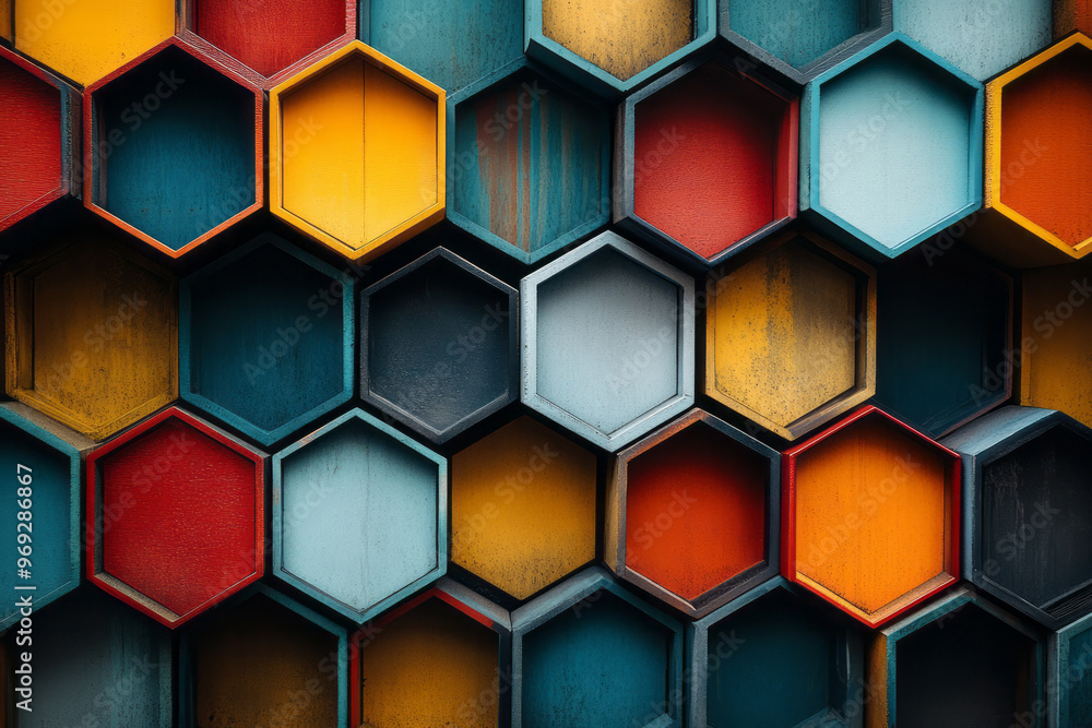 Poster an abstract geometric design with hexagonal and circular elements,