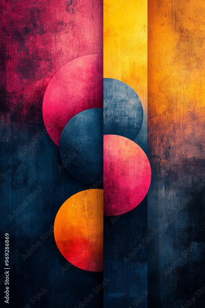 Poster a modern, minimalist pattern with overlapping circles and diagonal lines,