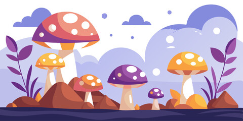 an illustration featuring a whimsical scene of mushrooms. There are several mushrooms of varying sizes with colorful caps, including shades of red, orange, and purple, all adorned with white spots