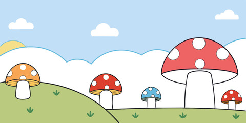 Naklejka premium a cartoon-style illustration of a whimsical landscape featuring several large mushrooms. The background is a light blue sky with a few white clouds. In the foreground, there are rolling green hills