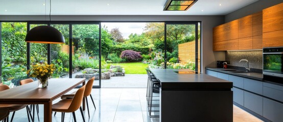 Fototapeta premium A modern kitchen with an open terrace in a house