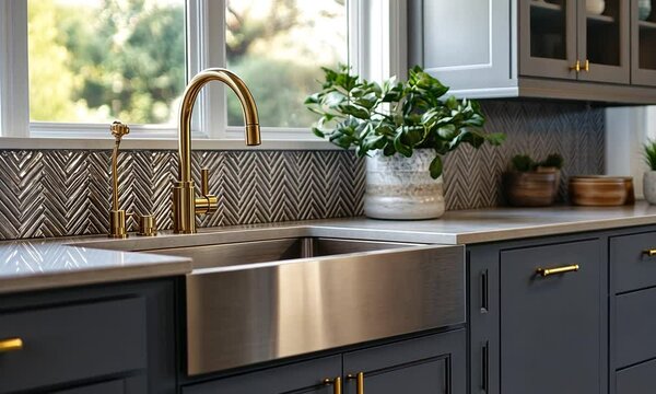 Modern Kitchen Sink with Gold Faucet