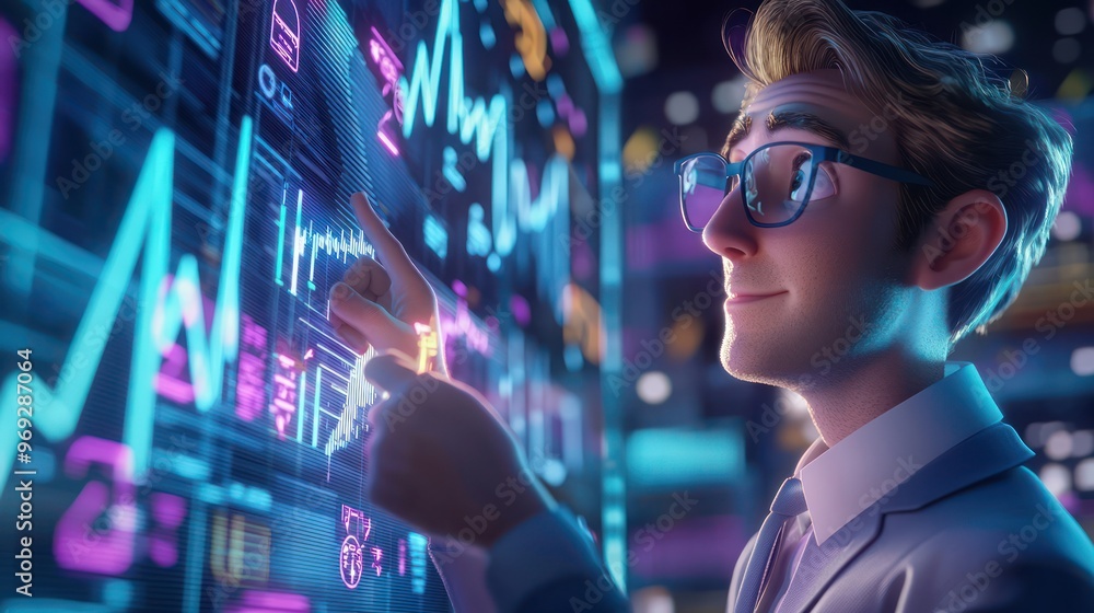Poster motivated ceo directing team towards 32k goal on vibrant 3d performance graph - cartoon characters e