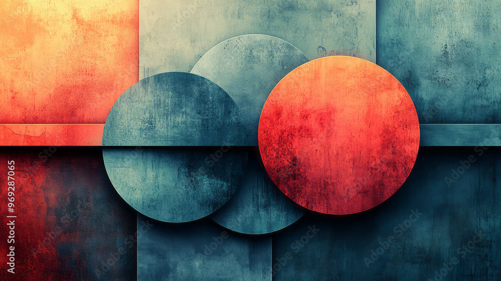 Poster an abstract layout with overlapping circles and sharp-edged triangles,