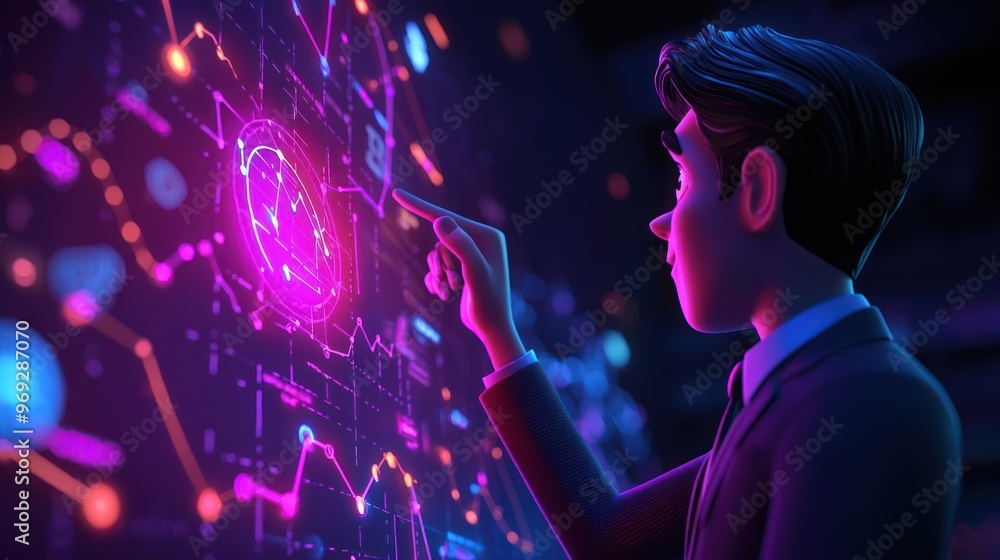 Poster ambitious ceo pointing at glowing goal on 3d performance graph with cartoon characters in high lumin