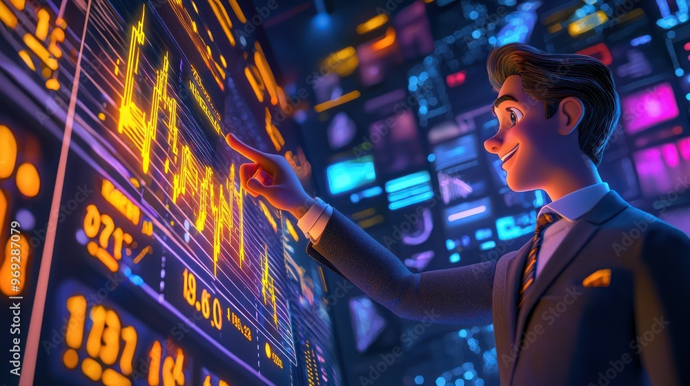 Poster illuminating leadership: ceo setting ambitious goals on digital performance graph with vibrant carto