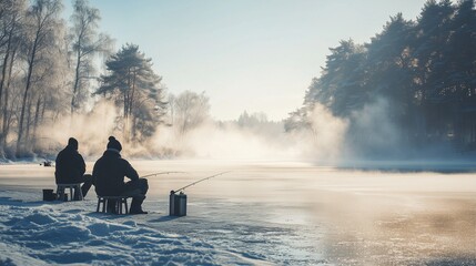 A fisherman sits in front of a hole during winter fishing on a frozen lake.